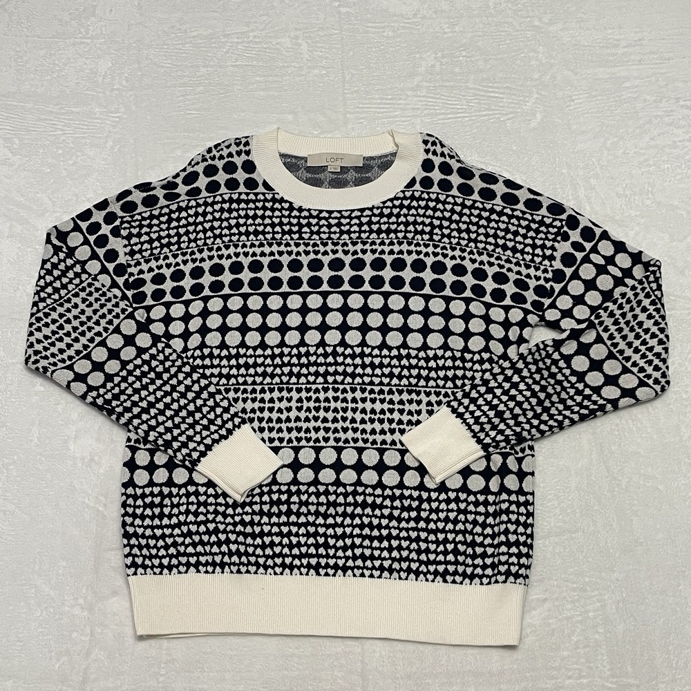Loft Pullover Sweater Geometric Hearts Black White Women's Small‎ Monochrome
